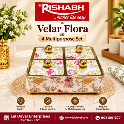 Rishabh Velar Flora Decorative 4-Section Multipurpose Serveware Tray with Lid