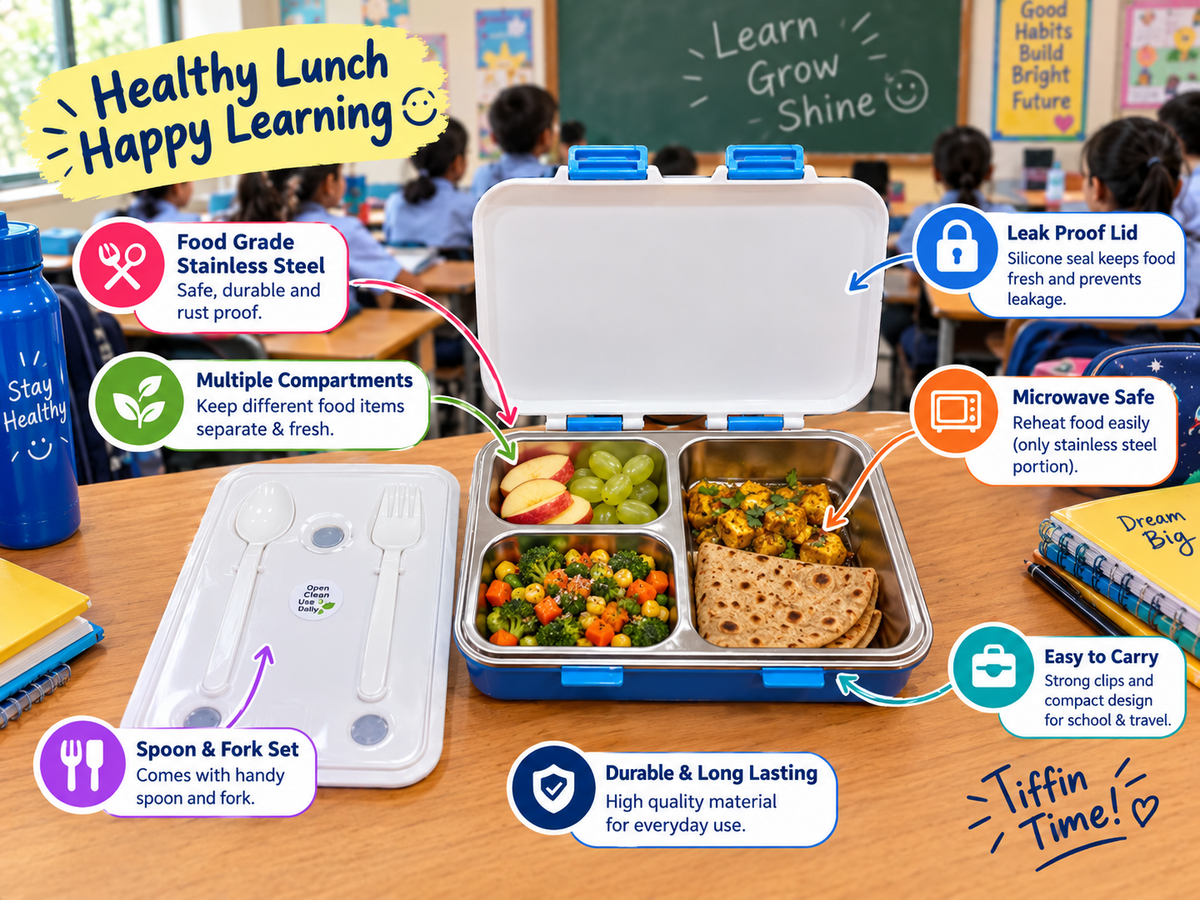 Nayasa Vitamax Insulated Stainless Steel Lunch Box | Leakproof 3-Compartment Tiffin with Cutlery (750ml)