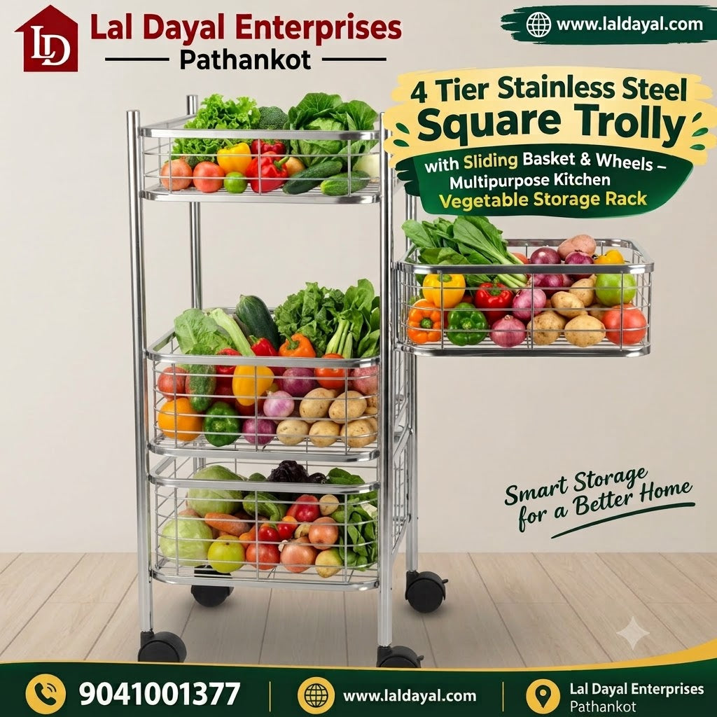 4 Tier Stainless Steel Kitchen Trolley with Sliding Baskets & Wheels | Multipurpose Vegetable & Storage Rack