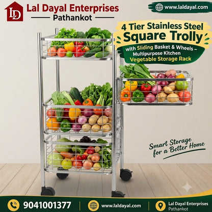 4 Tier Stainless Steel Kitchen Trolley with Sliding Baskets & Wheels | Multipurpose Vegetable & Storage Rack