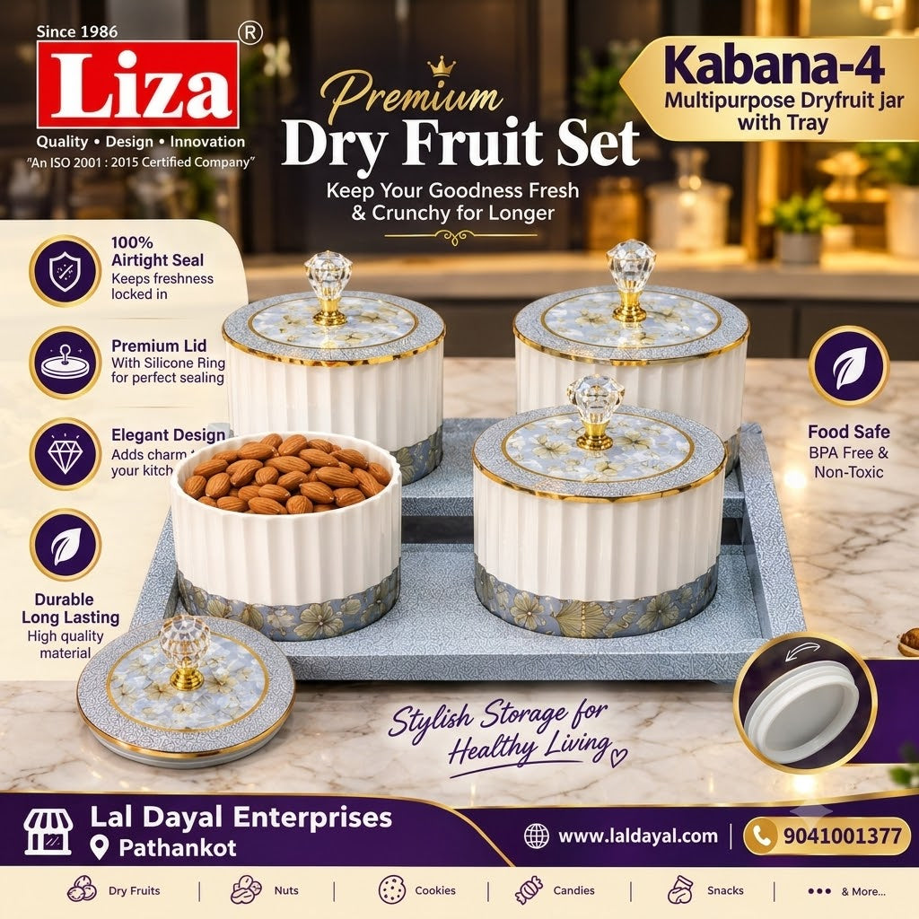 Liza Kabana 4 Multipurpose Dry Fruit Jar Set with Serving Tray & Airtight Lids