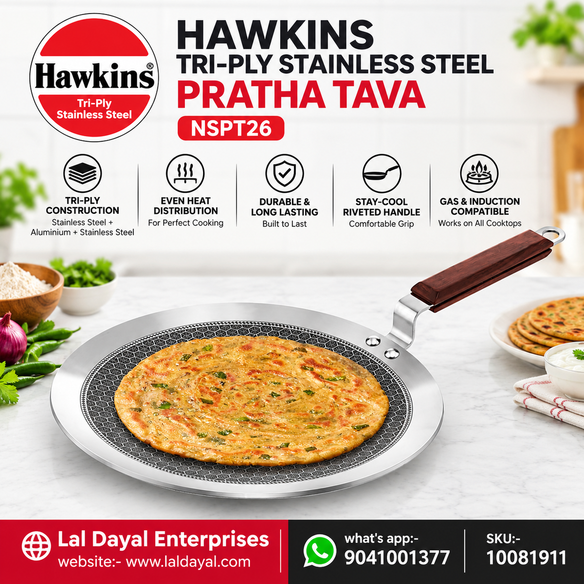 Hawkins Tri-Ply Stainless Steel Paratha Tava, 26 cm (NSPT26) | Shielded Nonstick & Induction Base