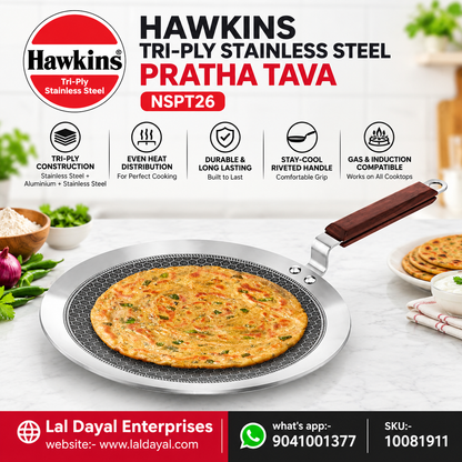 Hawkins Tri-Ply Stainless Steel Paratha Tava, 26 cm (NSPT26) | Shielded Nonstick & Induction Base